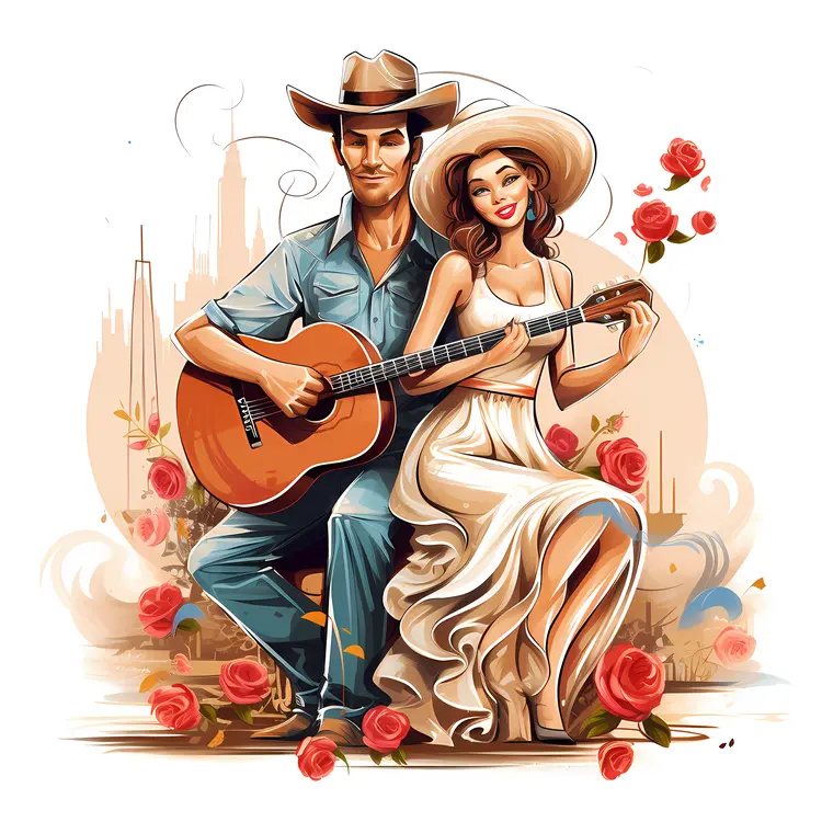 Cowboy Couple with Guitar and Roses