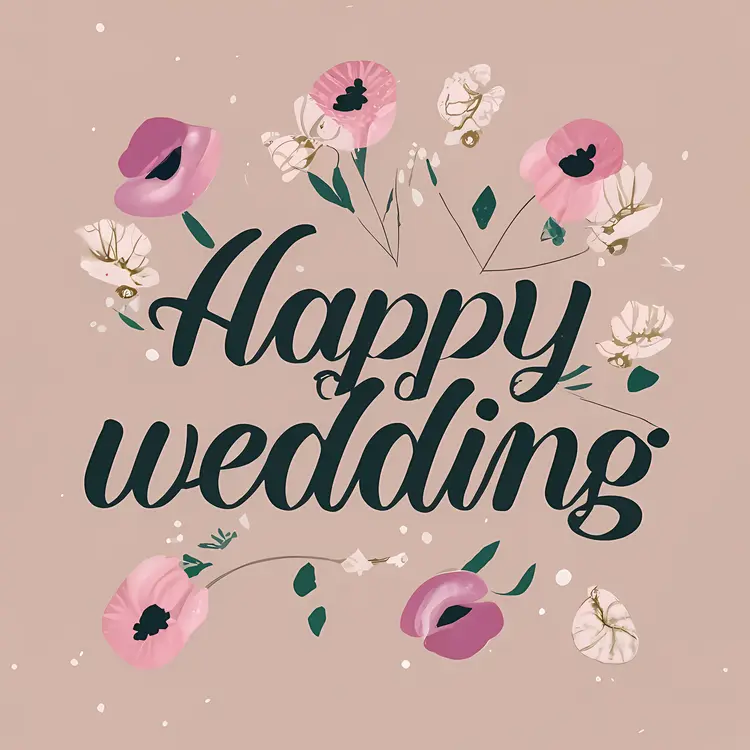 Happy Wedding Text with Flowers on Beige Background