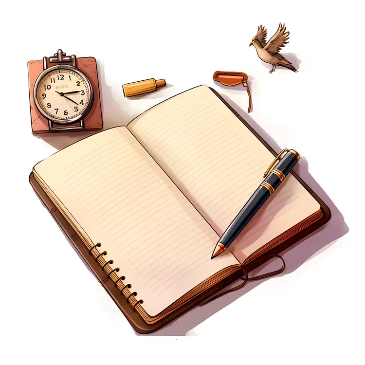 Open Notebook with Pen and Clock