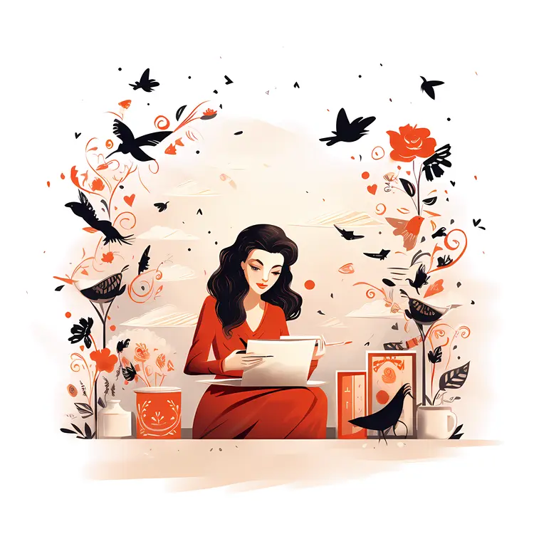 Woman Writing with Birds and Flowers
