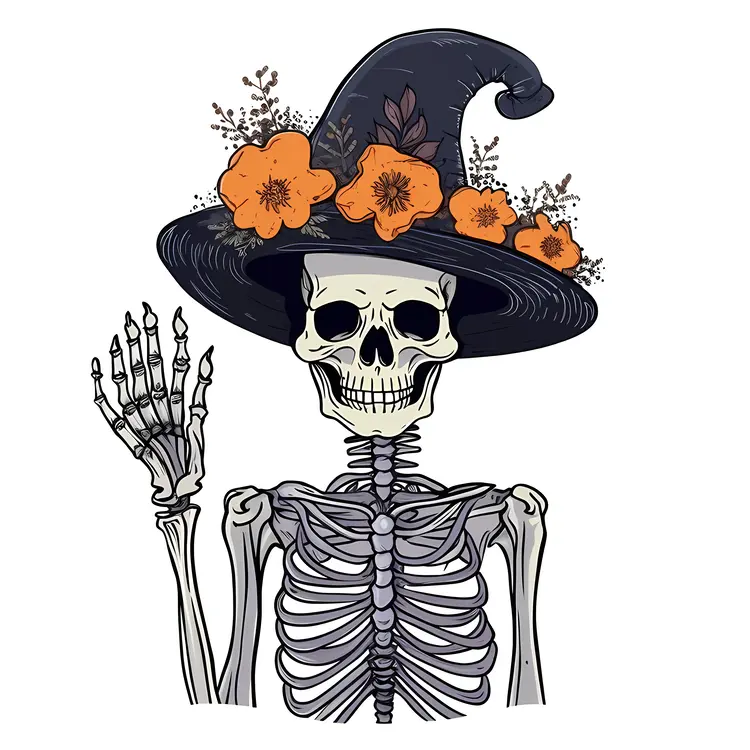 Skeleton with Witch Hat and Flowers for Halloween