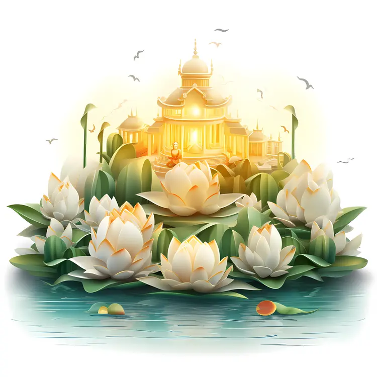 White Lotus Flowers with Temple in the Background