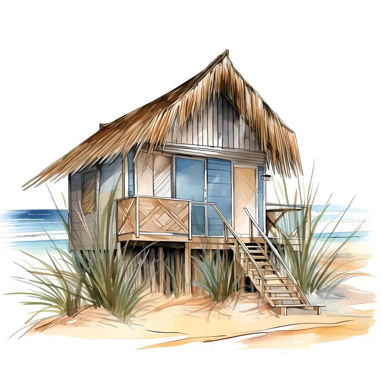 Small cute beach hut with thatched roof and balcony