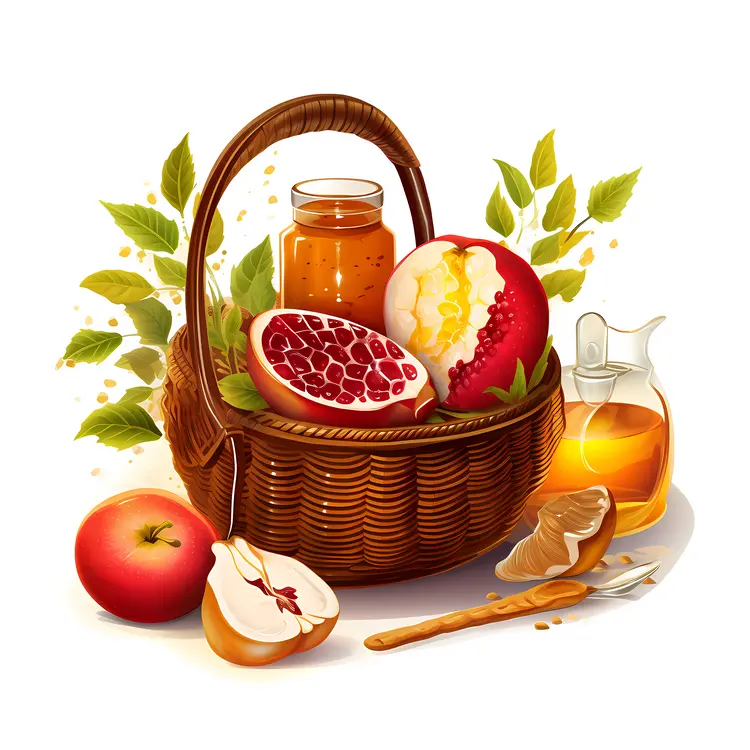 Wicker Basket with Fruits and Honey for Rosh Hashanah