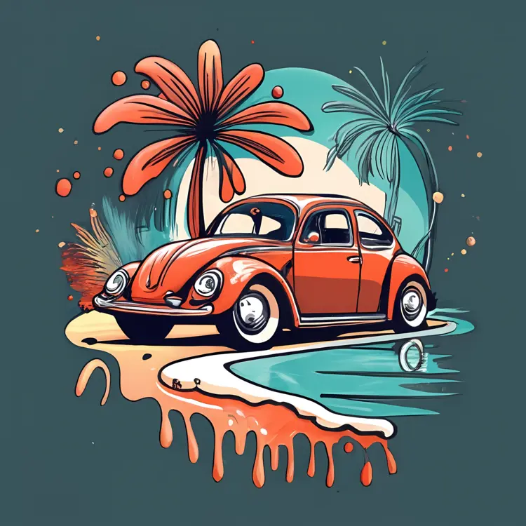 Retro Orange Car at Beach with Palm Trees