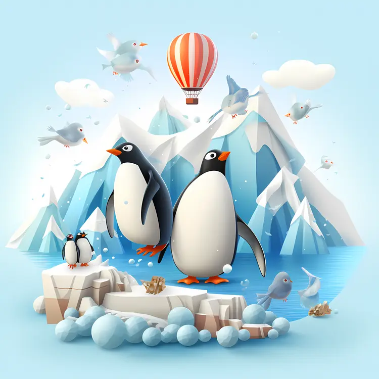 Penguins on Ice with Snowy Mountains