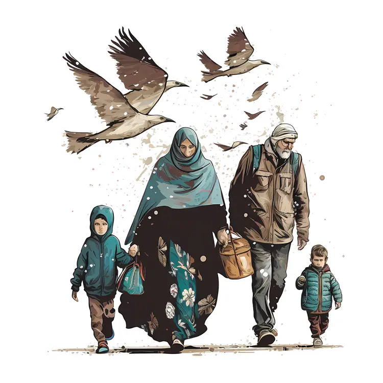 Family Walking with Birds in the Sky