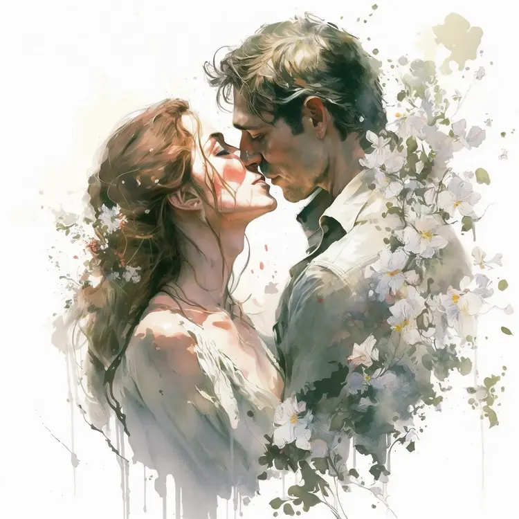 Romantic Couple in Watercolor with Floral Background