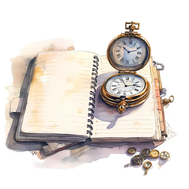 Open Notebook with Pocket Watch and Gears