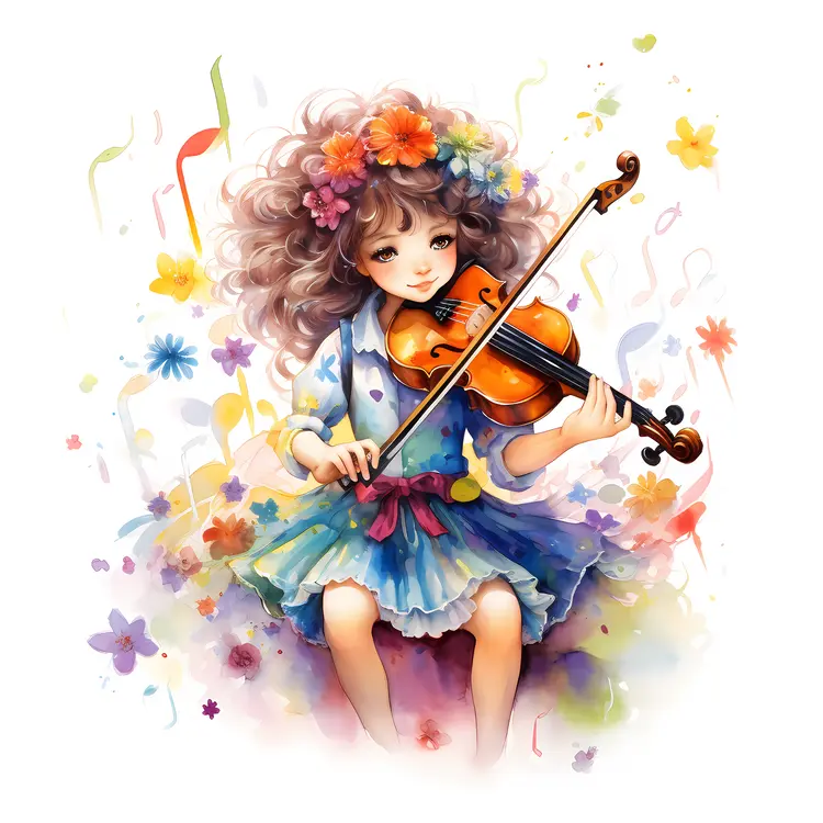 Cute Girl Playing Violin with Flowers
