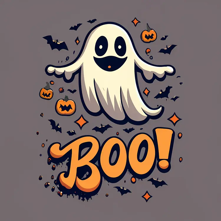 Cute Ghost with Pumpkins and Boo Text