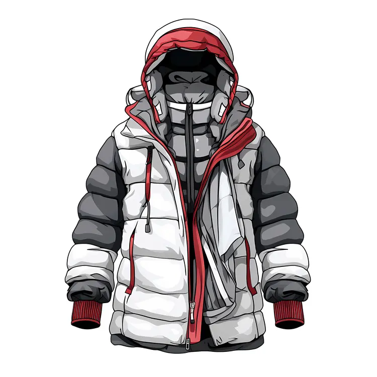 White and Black Puffer Jacket with Red Accents