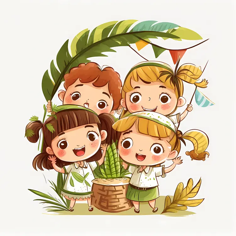Four Children with Plants in Nature