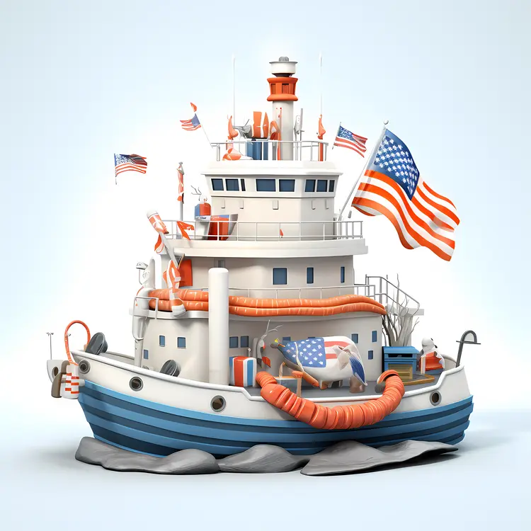 Patriotic Boat with American Flags