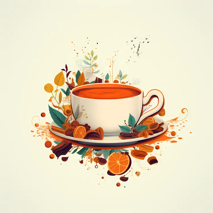 Tea Cup with Oranges and Leaves
