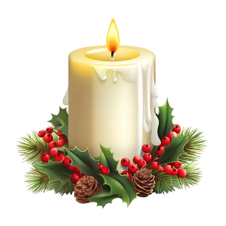 Christmas Candle with Holly and Pinecones