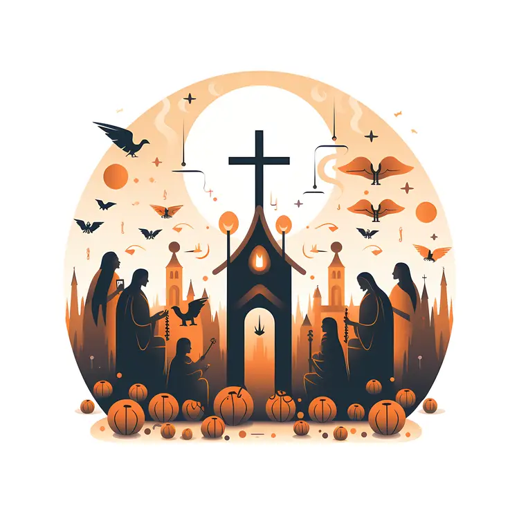 Halloween Church with Pumpkins and Bats