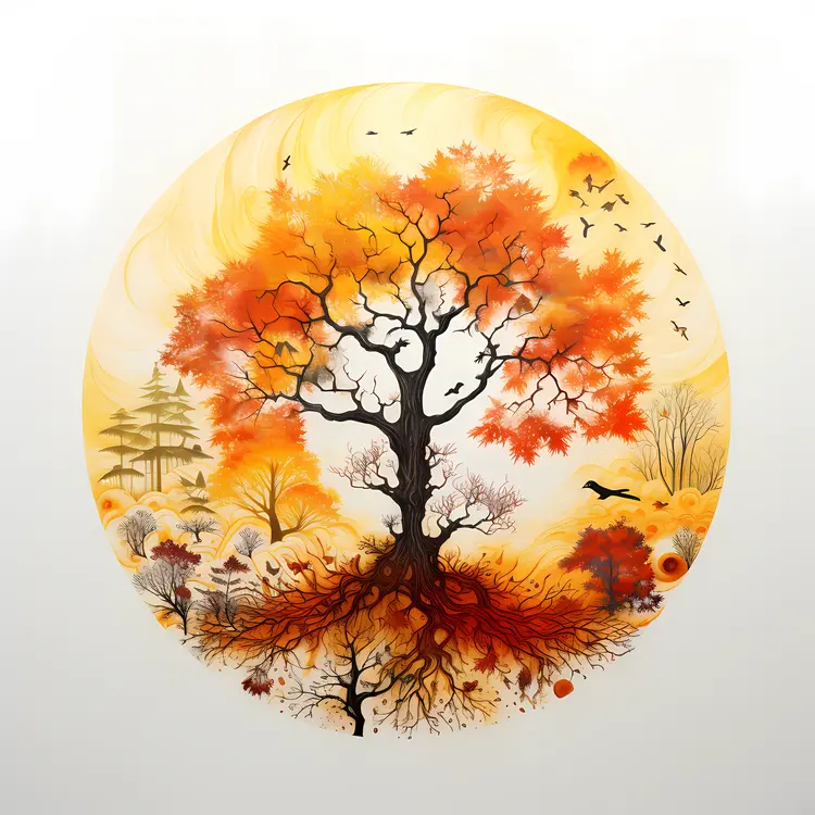 Autumn Tree with Birds