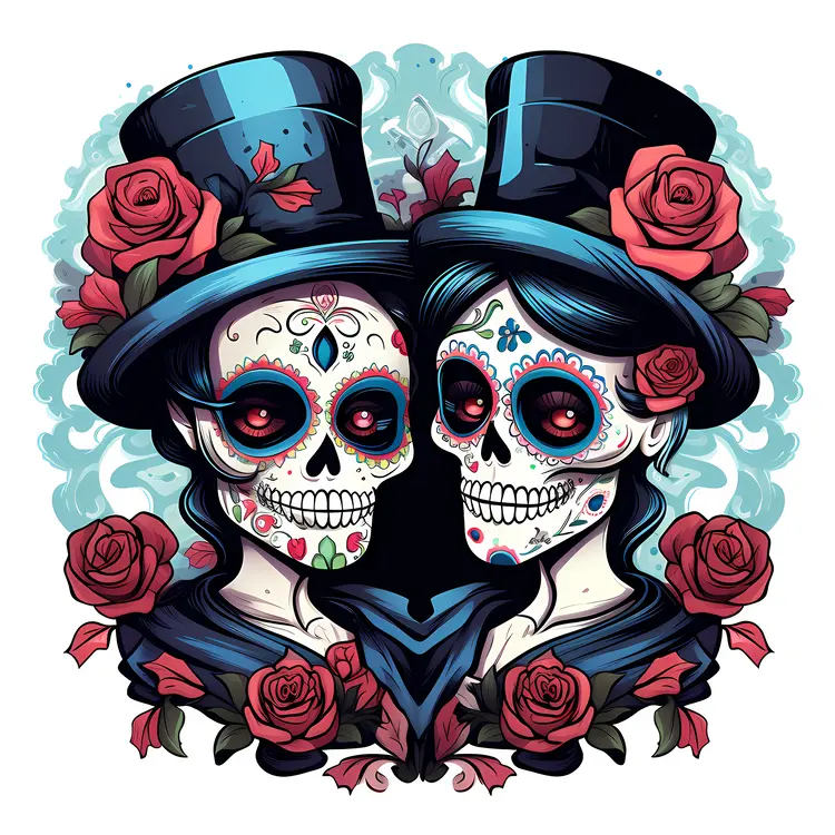 Sugar Skull Couple with Top Hats and Roses
