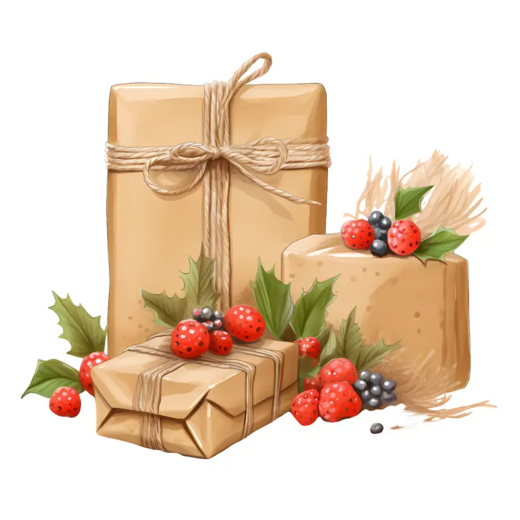 Beautifully Wrapped Gift Boxes with Berries and Pine Leaves