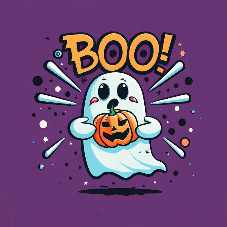 Adorable Ghost with Pumpkin Saying Boo