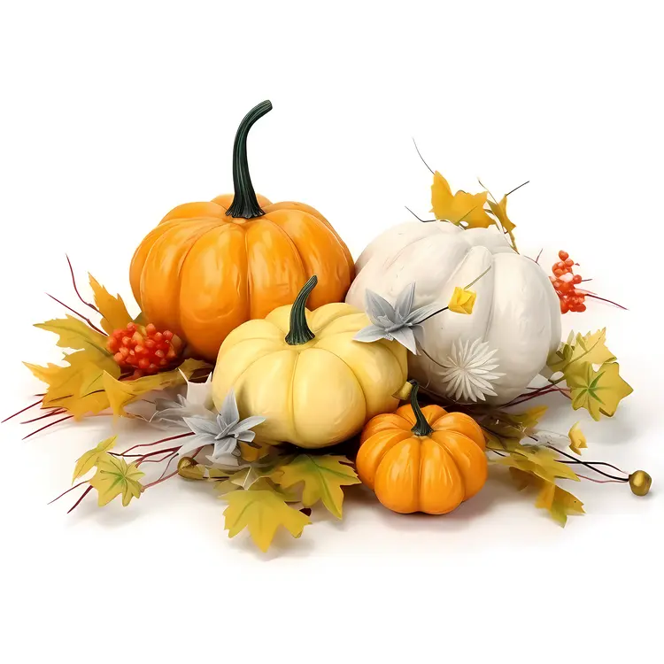 Pumpkins and Daisy with Autumn Leaves