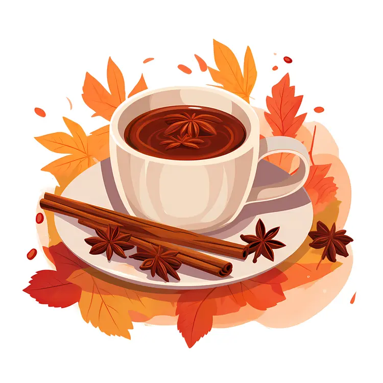 Warm Cup of Coffee with Cinnamon and Autumn Leaves