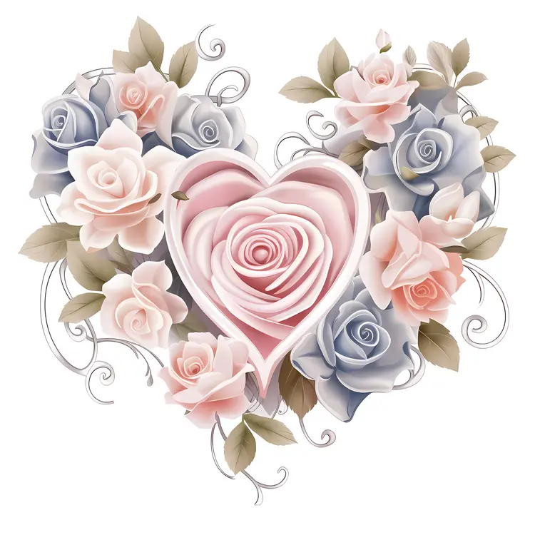 Pink and Blue Roses Heart Floral Design