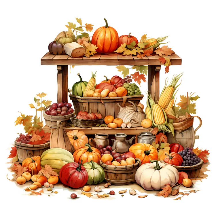 Autumn Harvest Display with Pumpkins and Fruits