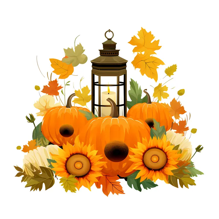 Autumn Lantern with Pumpkins and Sunflowers