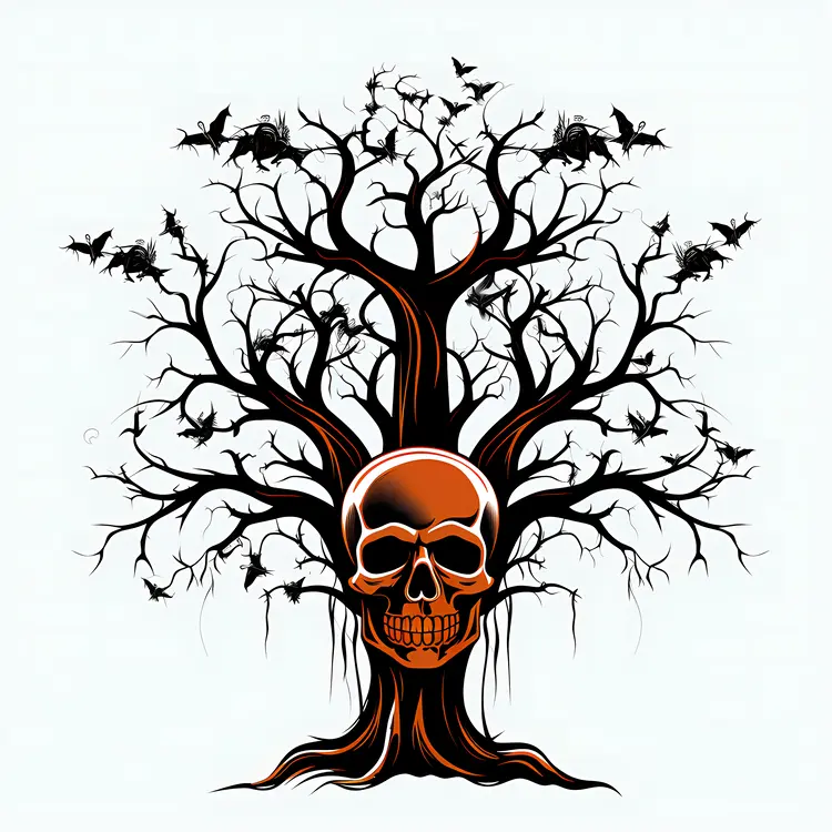 Spooky Tree with Skull and Bats