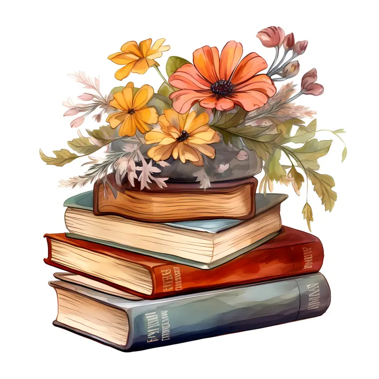 Stack of Books with Colorful Flowers