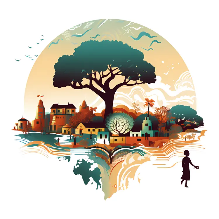 Peaceful Village Landscape with Tree