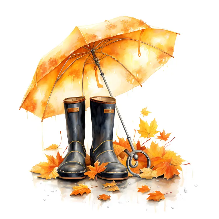 Yellow Umbrella and Boots with Autumn Leaves