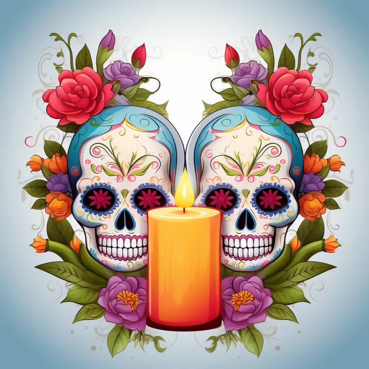 Colorful Sugar Skulls with Candle and Flowers for Day of the Dead