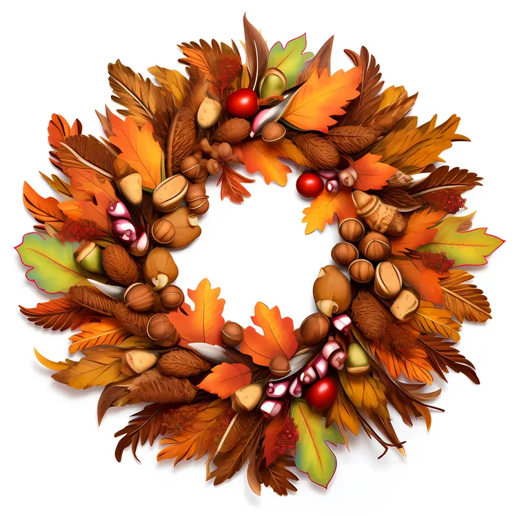 Colorful Autumn Wreath with Leaves and Acorns