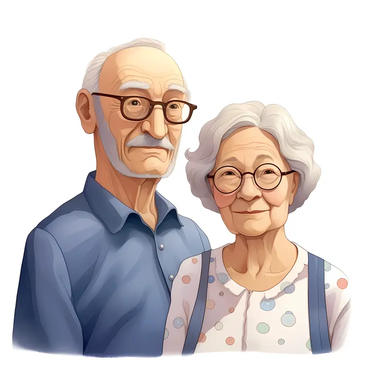 Elderly Couple in Blue and Polka Dot Outfits