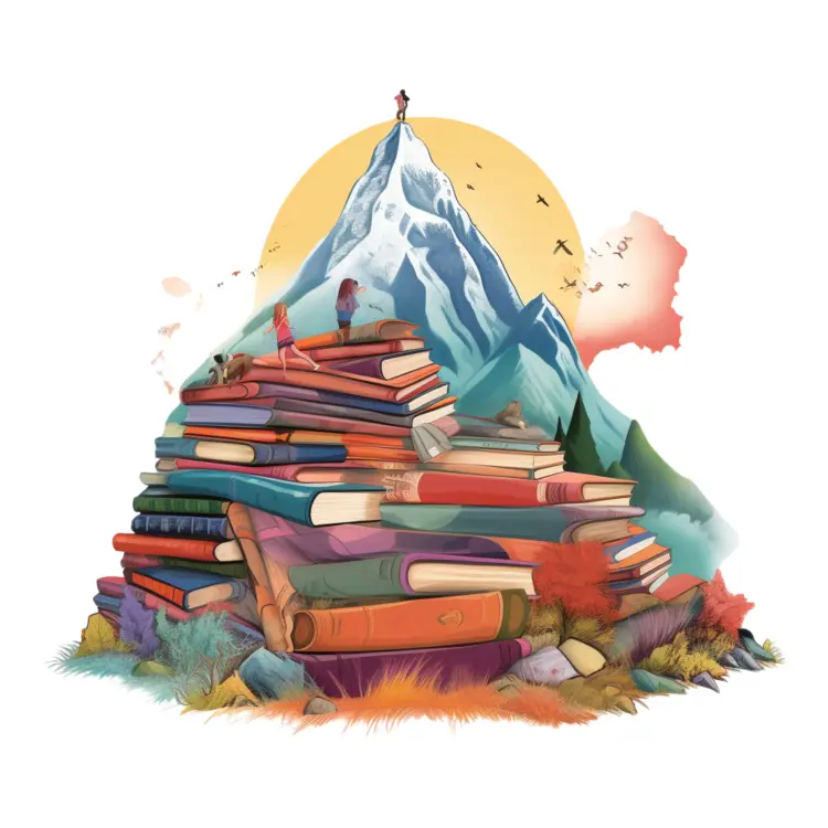 Mountain of Books with a Scenic Background