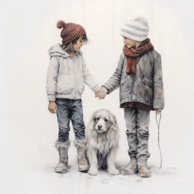 Children Holding Hands with Dog in Winter Clothing