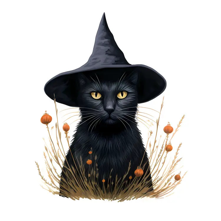 Black Cat with Witch Hat in Halloween Setting