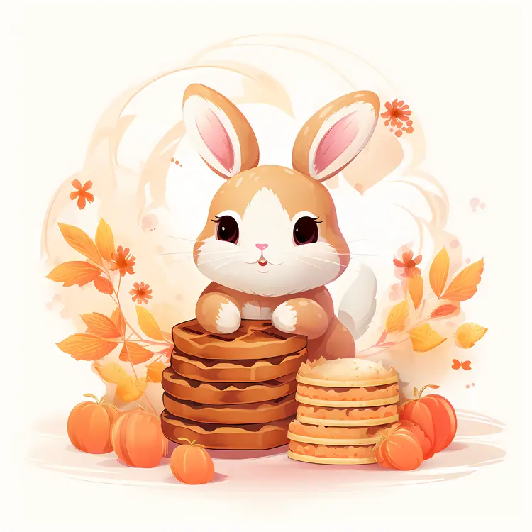 Cute Rabbit with Pancakes and Pumpkins