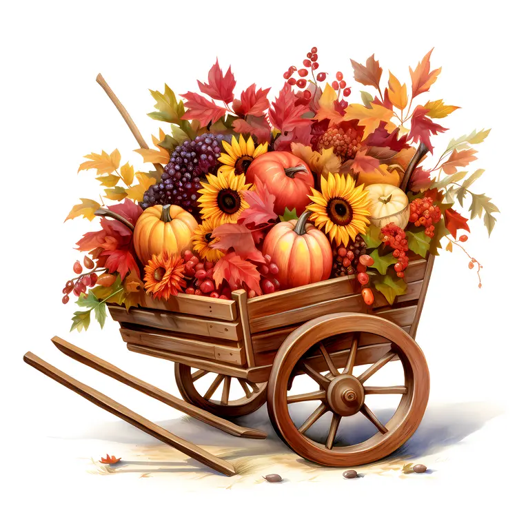 Autumn Harvest Cart with Pumpkins and Sunflowers