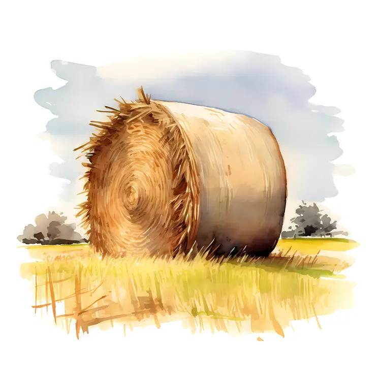 Hay Bale in a Field Watercolor Illustration