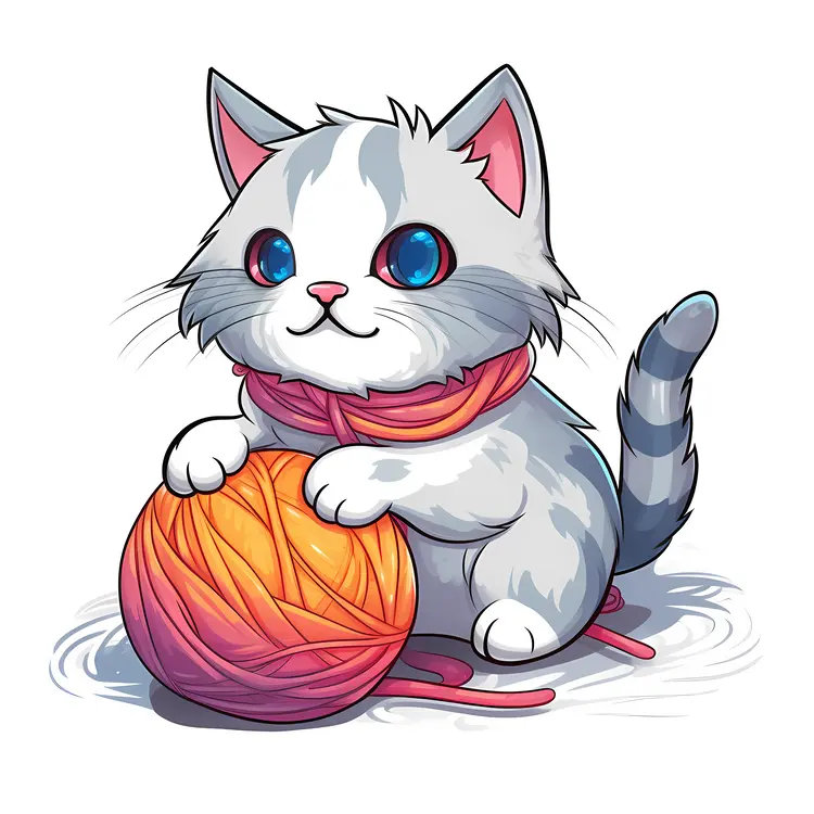 Cute Cat Playing with Yarn Ball