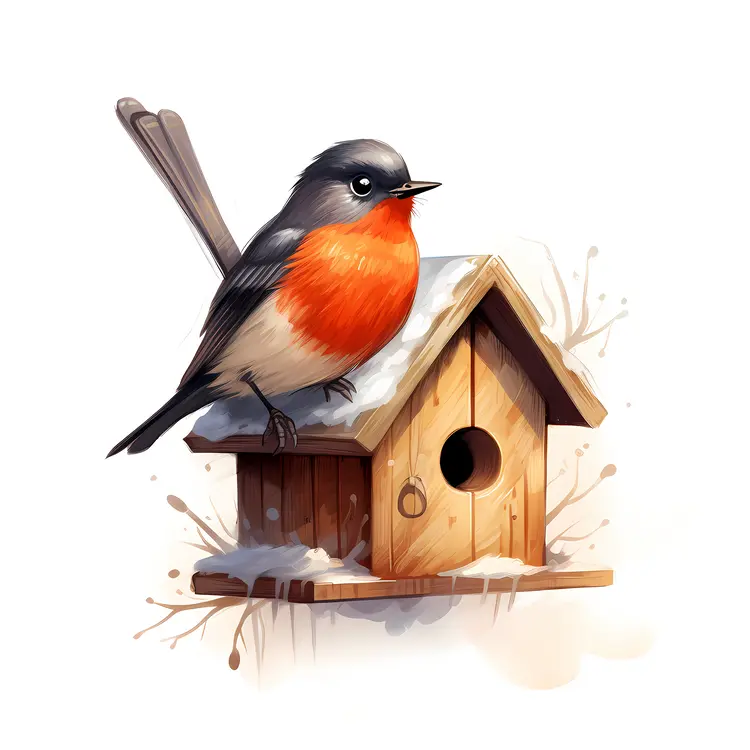 Birdhouse with Bird and Snowy Branch