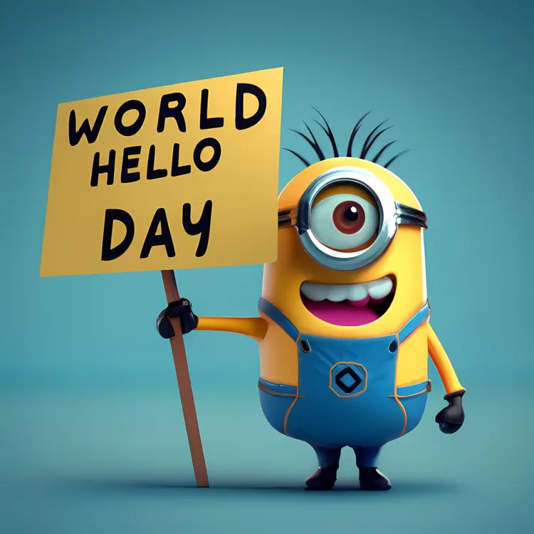 Minion Holding World Hello Day Sign