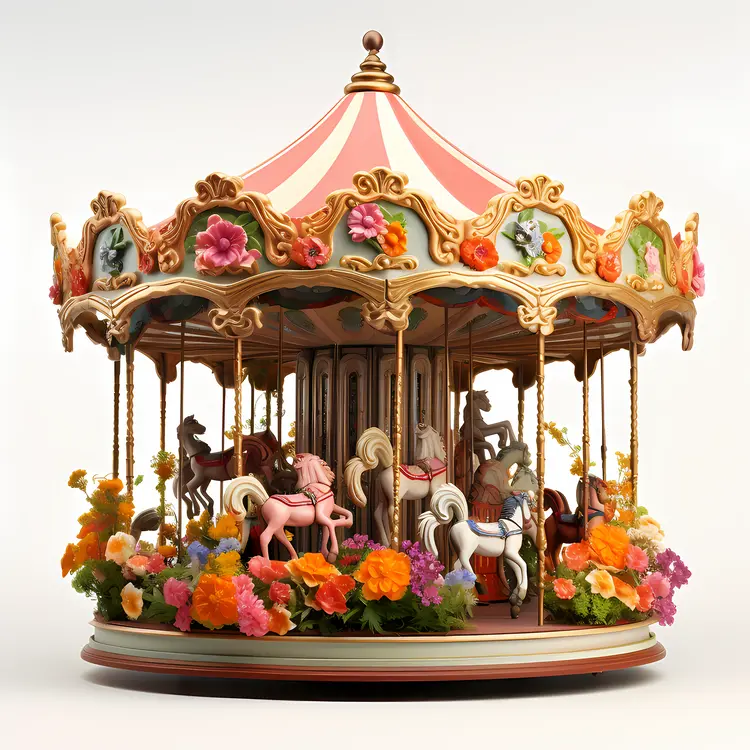 Beautiful Carousel with Horses and Flowers