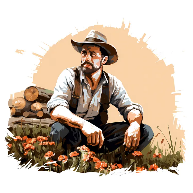 Cartoon Farmer Sitting in Flower Field