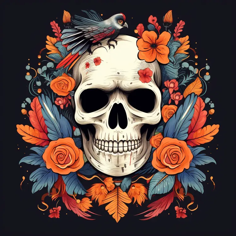 Artistic Skull with Flowers and Bird for Day of the Dead