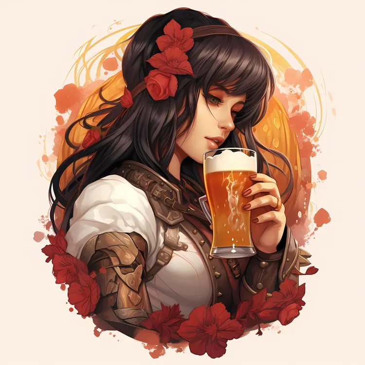 Brunette Girl with Beer and Flowers in Anime Style